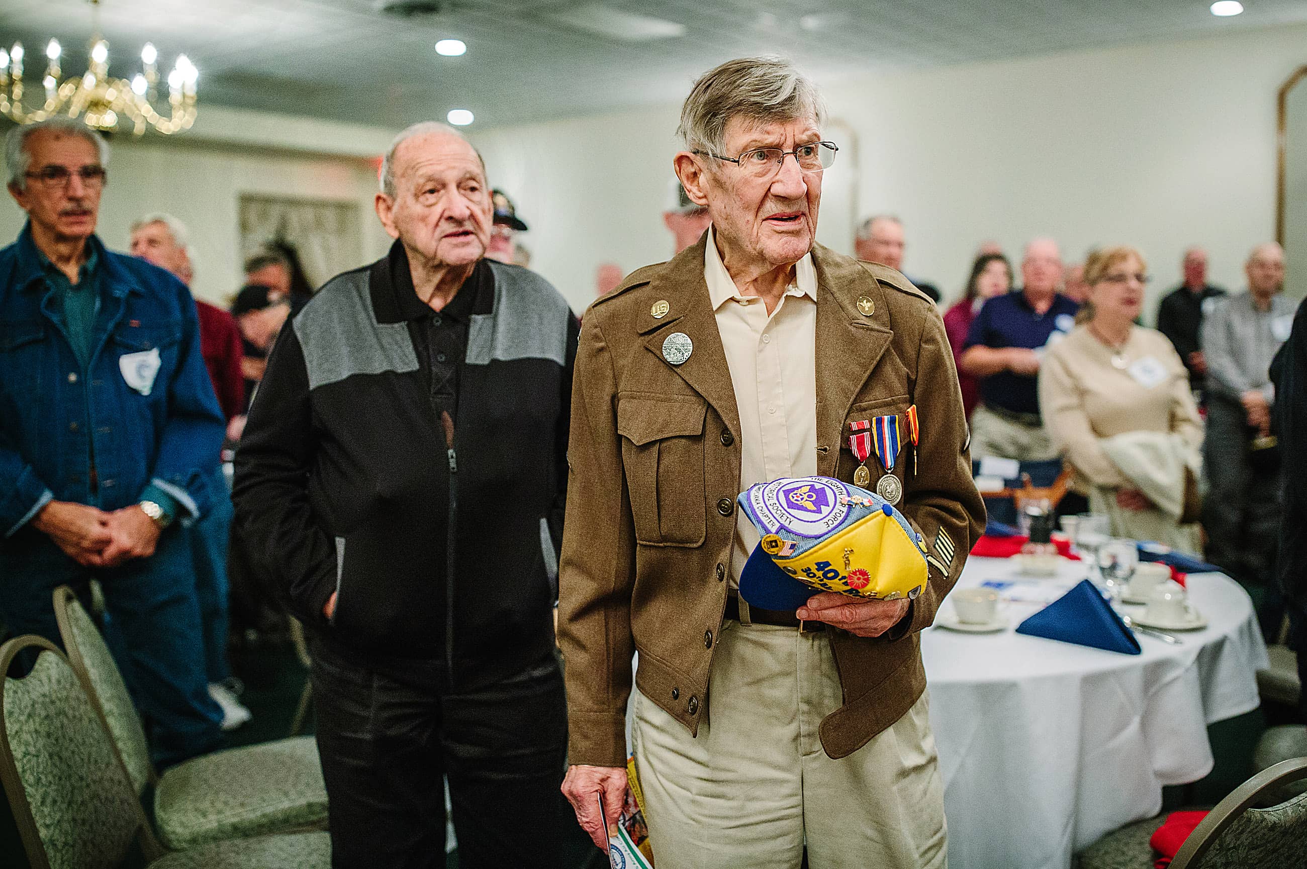 US Army Air Corps veteran Hartley Baird of Bethel Park, sings 'God Bless America' during a Veteran's Breakfast Club event at Salvator's Events and Catering in Baldwin on October 25, 2016. (Andrew Rush/Post-Gazette)